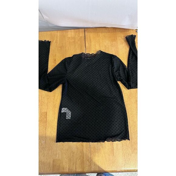 Zara Women's Mock Neck Lettuce Trim Polka Dot Mesh Top Blouse Black Size Small - Picture 9 of 10